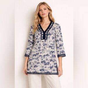 Tory Burch Silk Tunic Top Navy Toile Coastal Resort Cottagecore